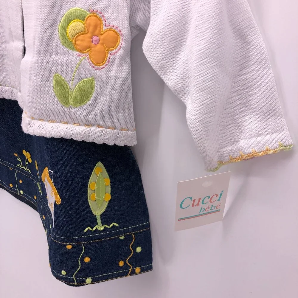 NWT 12 Mo Cucci Bebe Jumper‎ Overall Dress w Sweater Applique Embroidery Crochet